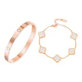 Белый браслет с четырехлистным клевером, многослойный (розовое золото)