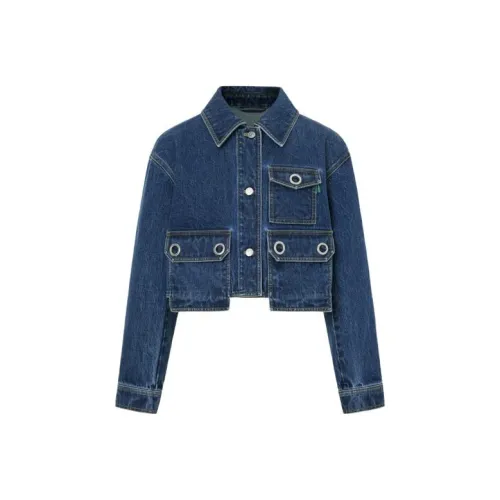 CARVEN FW23 Отложной воротник Облегающий прямой крой Длинный рукав Джинсовая куртка Женская Джинсовый синий