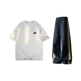 Белая серая рубашка с коротким рукавом + темно-синие штаны