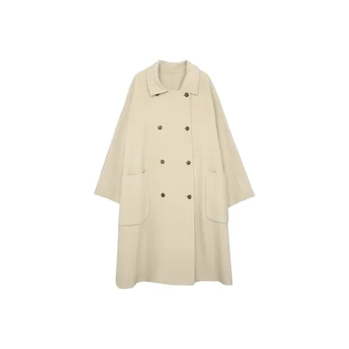 EIDM Длинное овсяное пальто из двойной шерсти с высоким наполнителем из овечьей шерсти для женщин