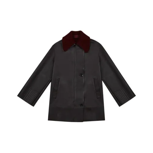 BALLY Отложной воротник Облегающий Длинный рукав Кожа Куртка Женская Коричневая