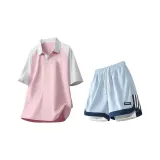 Розовая рубашка с коротким рукавом + ледниково-синие шорты