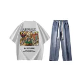 Комплект одежды (Премиум серая рубашка с коротким рукавом + темно-синие джинсы)