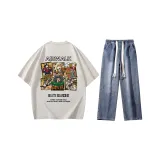 Комплект (Серая-Белая рубашка с коротким рукавом + Темно-синие джинсы)