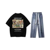 Комплект одежды (Черная короткая футболка с коротким рукавом + Темно-синие джинсы)