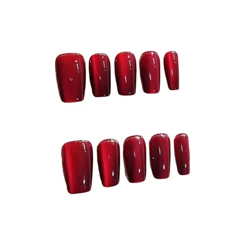 Gentle Welcome Ruby Gold Powder False Nail Short LADDER S129 Red with Gold Trim No Tool Kit Solid Color Cat Eye
