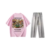 Комплект (Розовая рубашка с коротким рукавом "Вишневый цветок" + светло-синие джинсы)