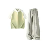 Серый зеленый топ + светлый хаки низ