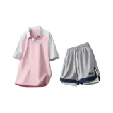 Розовая рубашка с коротким рукавом + светло-серые шорты