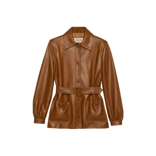 GUCCI SS23 Кожа Куртка Женская Темно-Коричневая