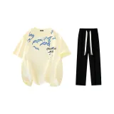Комплект одежды (Бежевая Желтая Футболка + Черные Повседневные Штаны)