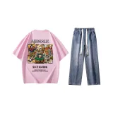 Комплект (Розовая рубашка с коротким рукавом "Вишневый цветок" + Темно-синие джинсы)