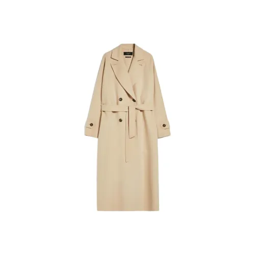 MaxMara Длинный тренчкот из шерсти и технологичной ткани женский песочного цвета