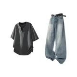 Серый с короткими рукавами + синие штаны