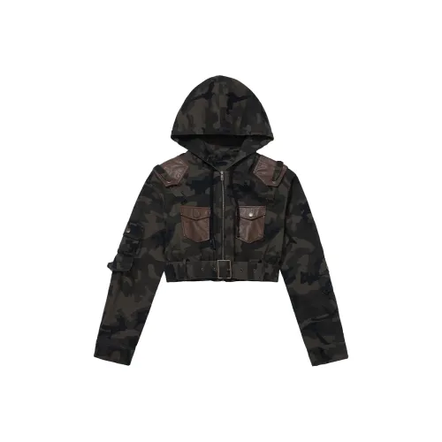 BANANA SHARK Камуфляж С капюшоном Очень короткий Пуховик Женский Армейский зеленый