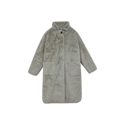Icicofficial Бархат Feel Пальто Женское Светло-Серое Длинное Флоковый