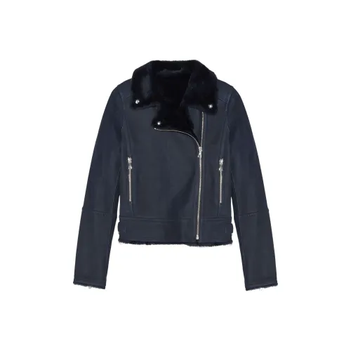 Yves Salomon FW24 Кожа Куртка Женская Морской Синий