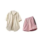 Хаки рубашка + розовые шорты