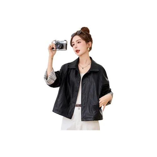 Yi Mengyuan Кожа Куртка Пальто Женские Черный