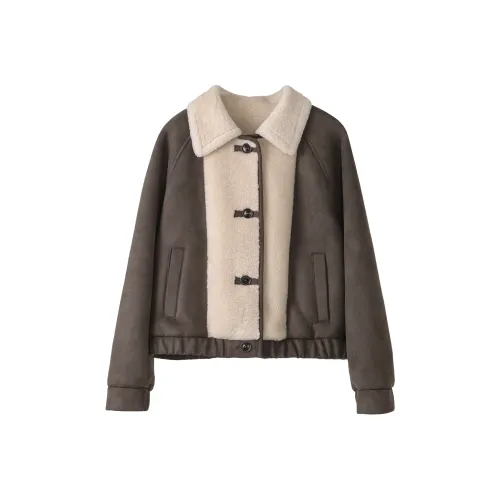 Fstudio Осенний Зимний Замша Пэчворк Овечья Шерсть Укороченная Куртка Женская Кофейного Цвета