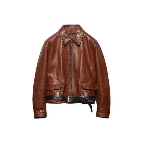 PRADA SS24 Кожа Куртка Женская Красная Сандаловое дерево Древесный цвет