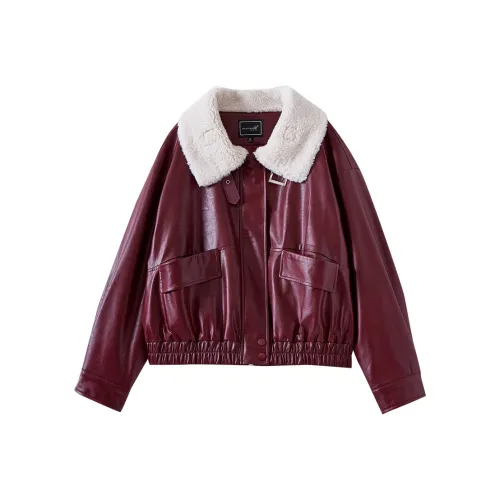 OUNIXUE Кожа Куртка Женская Анкора Красный
