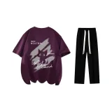 Комплект одежды (Футболка виноградного фиолетового цвета + Черные повседневные штаны)
