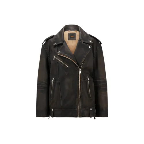 Hugo Boss FW24 Кожа Куртка Женская Темно-Коричневая