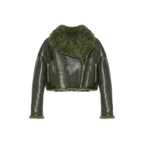 Yves Salomon SS24 Кожа Куртка Женская Мшисто-Зеленая