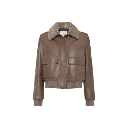 BRUNELLO CUCINELLI FW24 Кожа Куртка Женская Темно-умбровая
