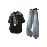 Чёрный топ + синие штаны