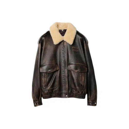 MIU MIU SS24 Кожа Куртка Женская Кофейно-Коричневая