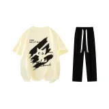 Комплект одежды (Бежевая Желтая Футболка + Черные Повседневные Штаны)