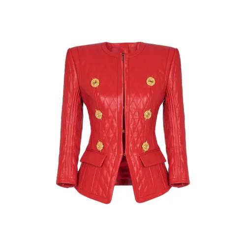 BALMAIN FW24 Кожа Куртка Женская Красная