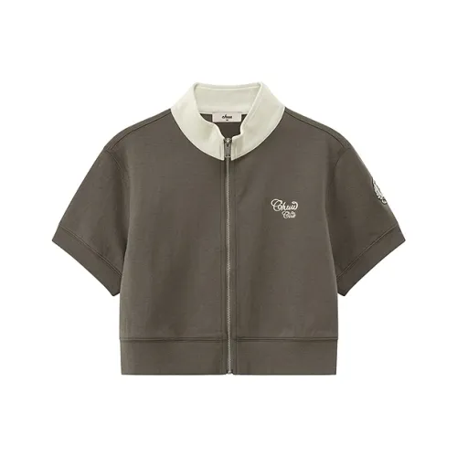 CHUU Укороченное пальто женское серый цвет с зеленым горошком