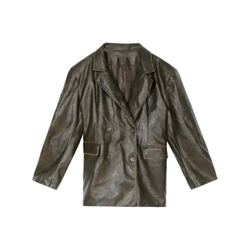 XINBANGBANG Кожа Куртка Женская Зеленый Кофейный