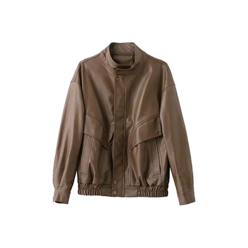 Aoaifu кожаная куртка женский кофейный