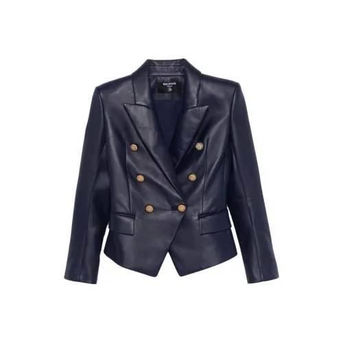 BALMAIN FW24 Кожа Куртка Женская Полночный синий