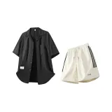 Чёрная рубашка + бежевые абрикосовые шорты