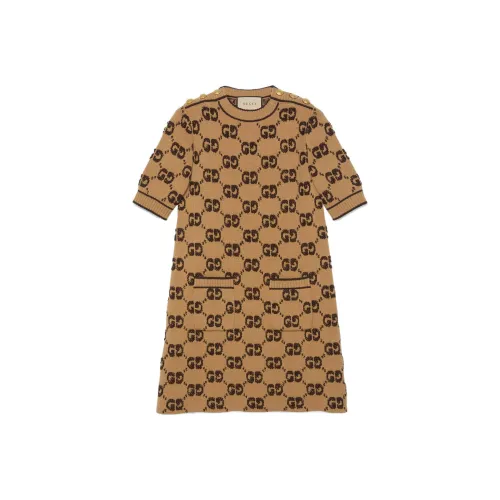 GUCCI Короткий рукав платье женское верблюжий коричневый