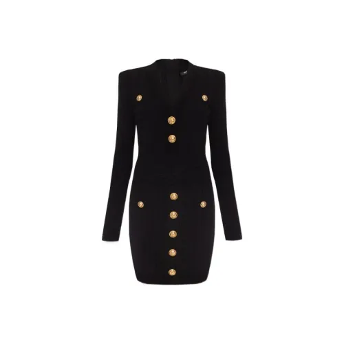 BALMAIN Черное Женское Длинное Платье с Рукавами