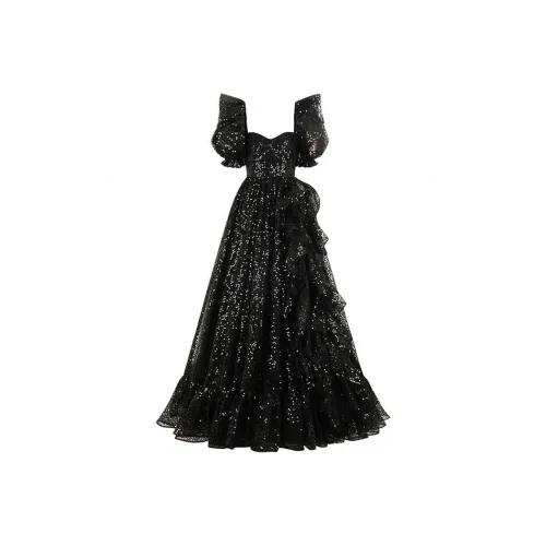 Selkie Коллекция FW24 Короткий рукав Платье Женское Черное с Черными блестками