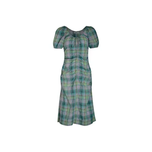 Little Pull Короткий рукав Платье Женское Зеленая клетка