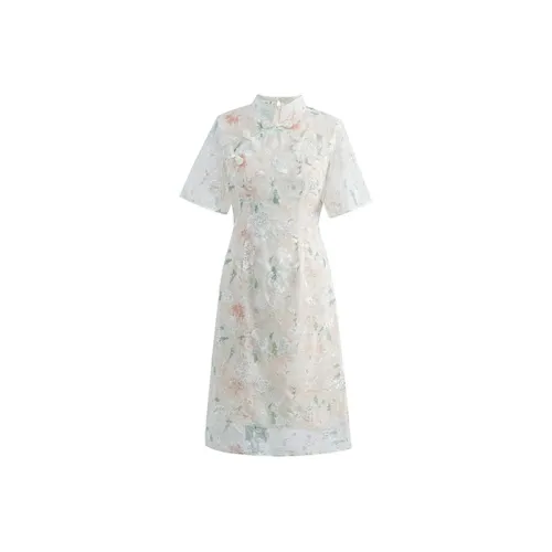 JK JS Воротник-стойка облегающий крой короткий рукав платье женское многоцветное