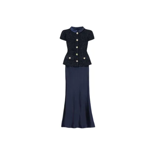 Self Портрет Короткий Рукав Платье Женское Темно-синий