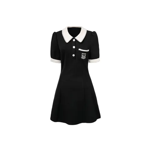 SUNSUNTOWN Короткое платье с короткими рукавами женское черное и абрикосовое