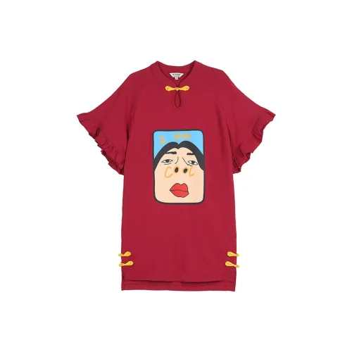 JK&JS Темно-красное женское короткое платье с рукавами