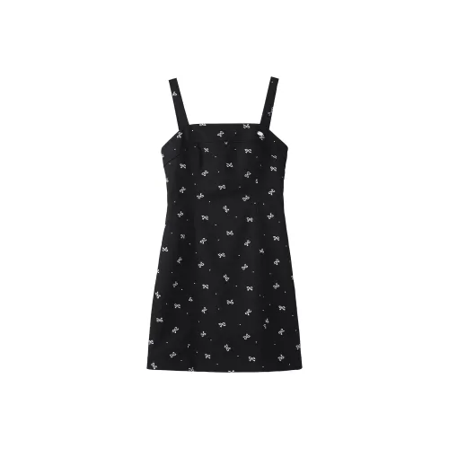 Fstudio Летний Корейский стиль 100% хлопок Бант с принтом Платье-комбинация Женское Черное