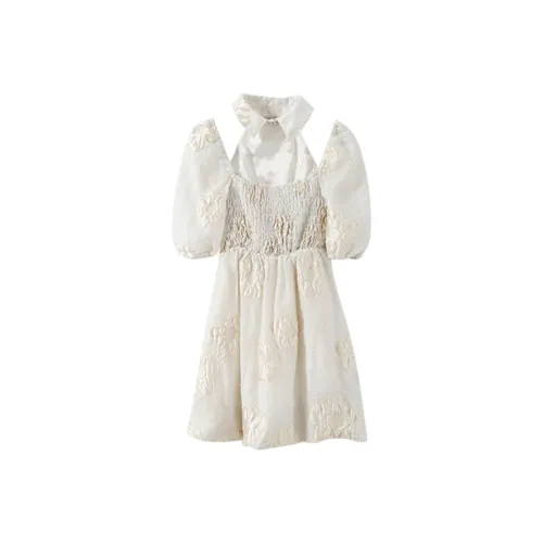 YUMOMO STAR Pearl Beige Женские Короткие Платья с Рукавами