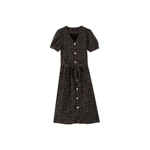 YUMOMO STAR Черное с Цветочным Женское Короткое Платье с Рукавами